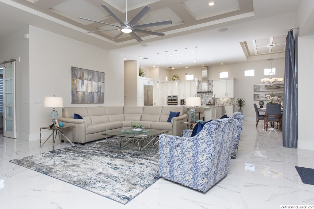 Living Room - Open concept, gray and blue accent colors, ceiling detail