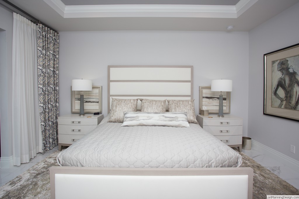 Master Bedroom features custom draperies, custom bedding, Bernhardt bedroom set, gold and ivory accent