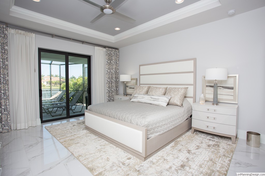 Master Bedroom features custom draperies, custom bedding, Bernhardt bedroom set, gold and ivory accent