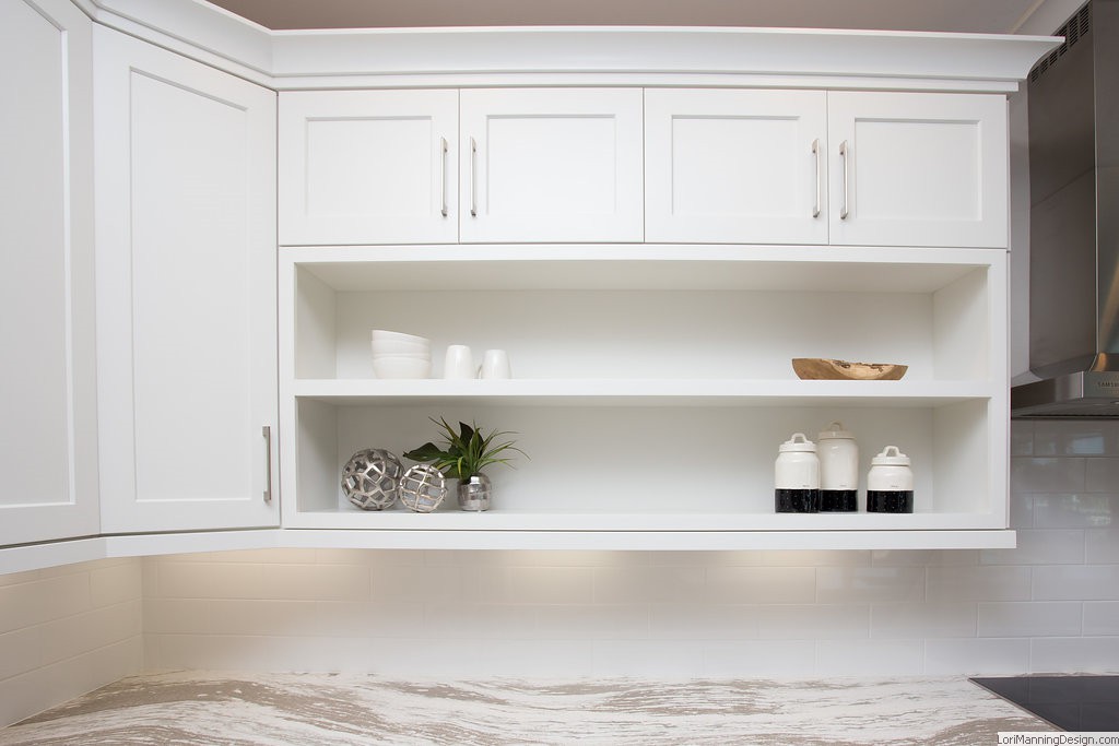 White shaker cabinets with open shelves