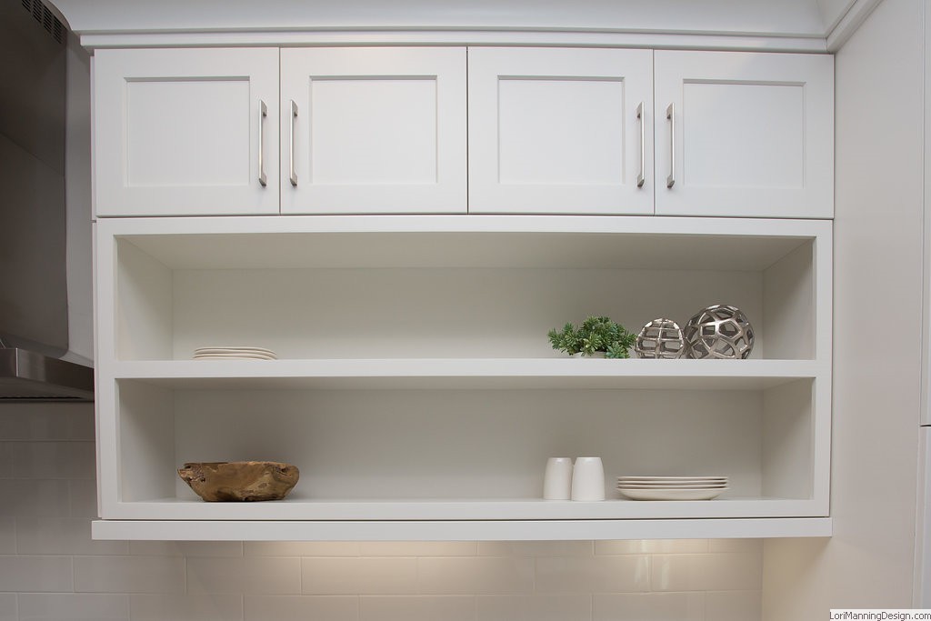 White shaker cabinets with open shelves