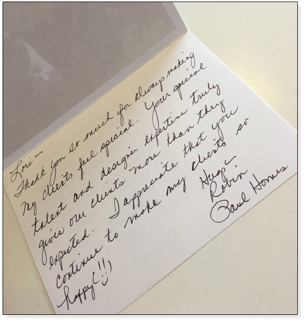Hand written thank you note from Paul Homes