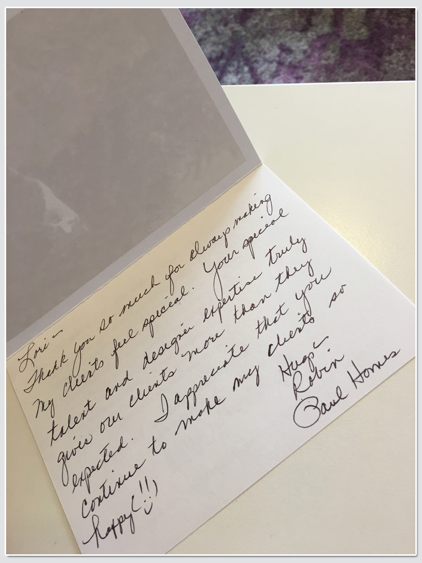 Hand written thank you note from Paul Homes