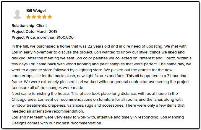 Lori Manning Designs Testimonial Review from Bill W