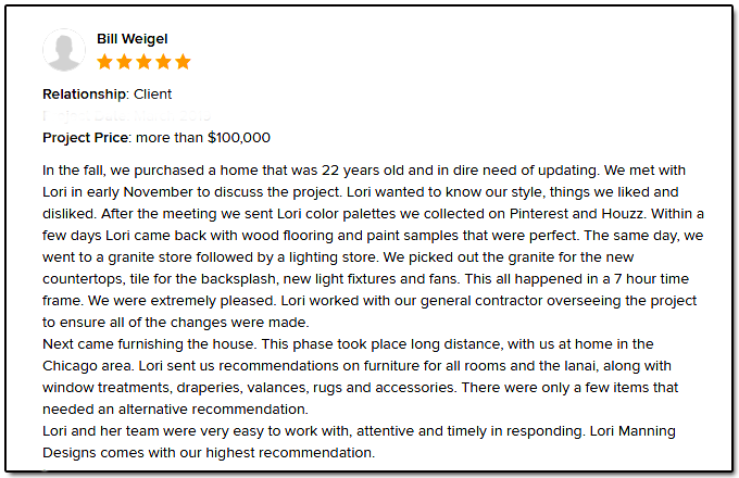 Lori Manning Designs Testimonial Review from Bill W
